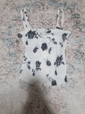 Vintage White Floral Ribbed Tank Top with Black Rose Print